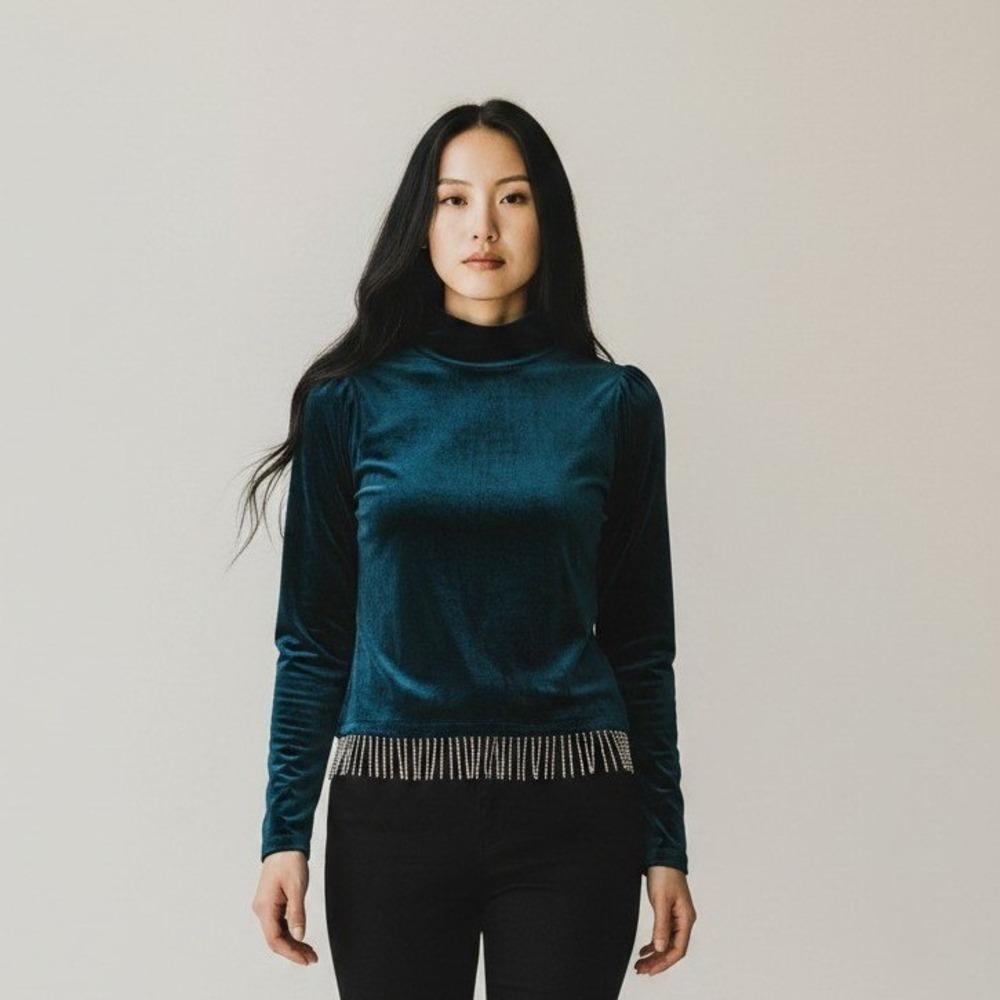 Joie Teal Blue Velvet Mock Neck Rhinestone Fringe Top Women's Small -β NWT